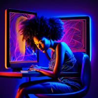 I need a landscape image of the a black light skin woman sitting behind a PC with a pen in his hands