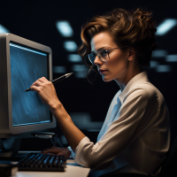 I need a landscape image of the a American woman sitting behind a PC with a pen in her hands